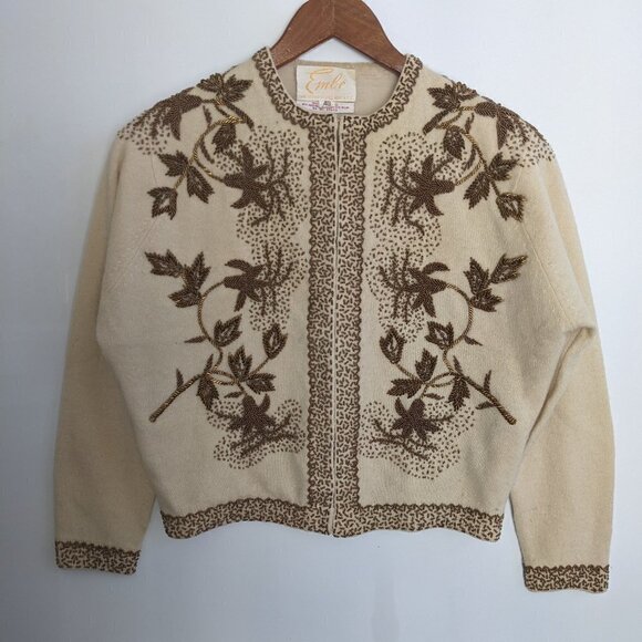 Vintage 1940s Hand Beaded Lambs Wool and Angora Cardigan Sweater - Picture 1 of 12